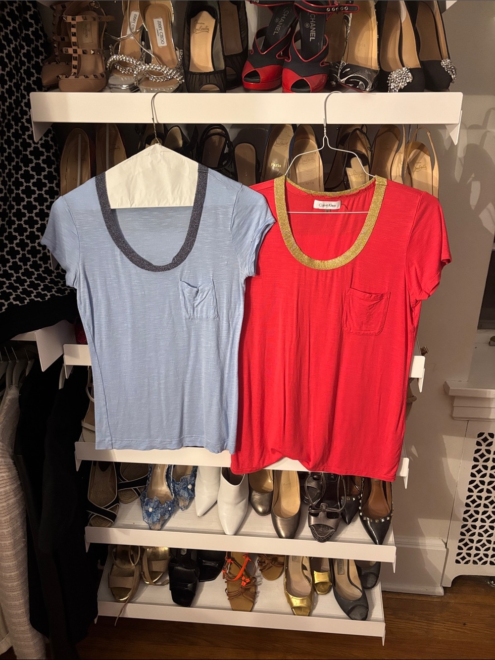 Calvin Klein Red and Blue Scoop Neck Short Sleeve Pocket Tee